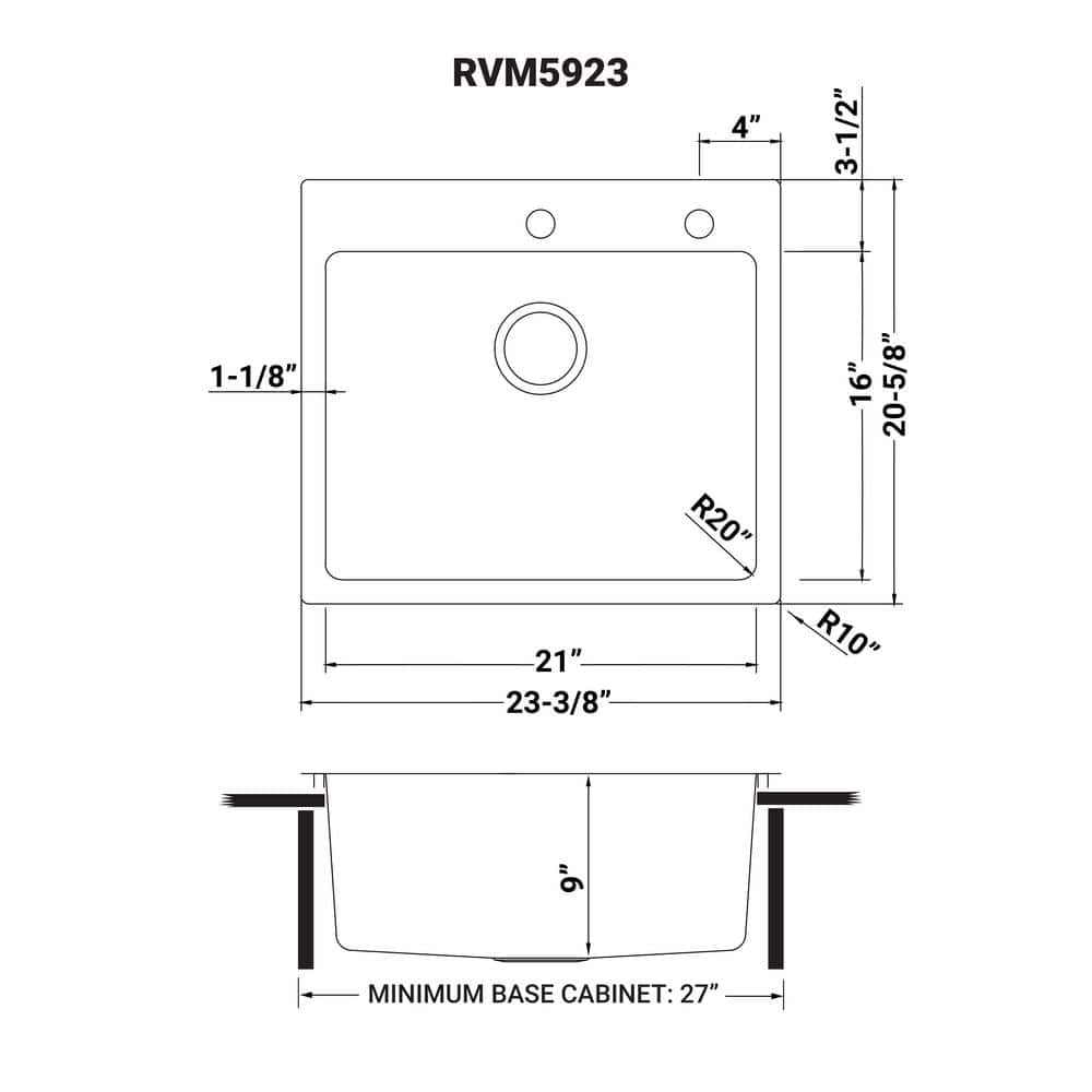 23 x 20 Inch Stainless Steel Drop-In Single Bowl Kitchen Sink