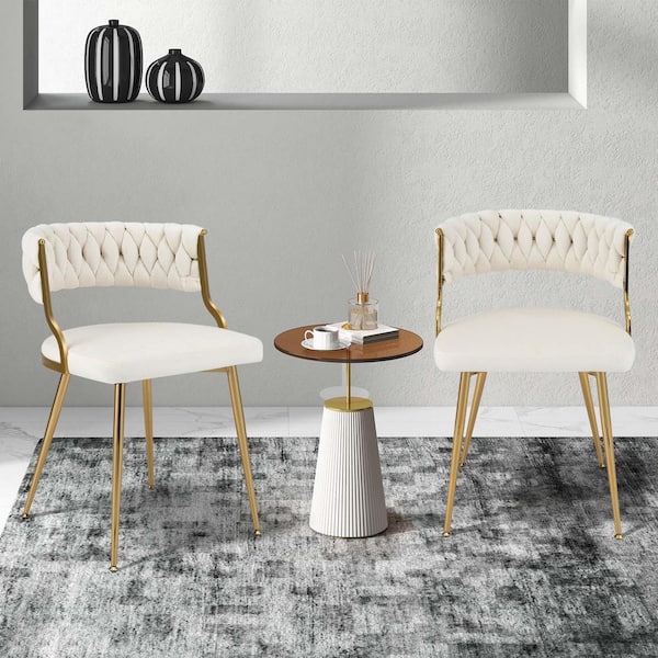 Costway White Velvet Dining Chair Upholstered Modern Accent Chair with Woven Back Set of 2