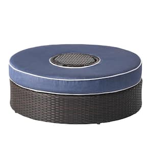 Navagio Brown Wicker Outdoor Patio Ottoman with Ice Bucket and Navy Blue Cushion