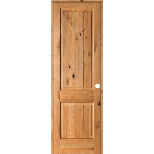 Krosswood Doors 30 in. x 96 in. Knotty Alder 2 Panel Left-Hand Square Top V-Groove Clear Stain Solid Wood Single Prehung Interior Door