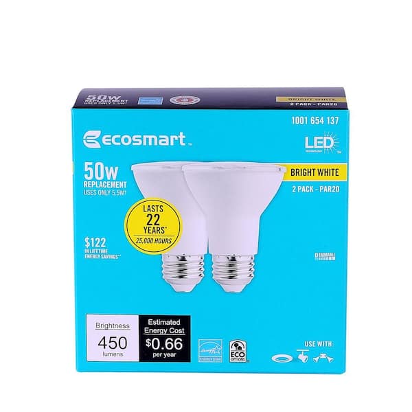 EcoSmart 50-Watt Equivalent PAR20 Dimmable LED Light Bulb Bright White  (2-Pack) 5bHPR500STW1D18 - The Home Depot