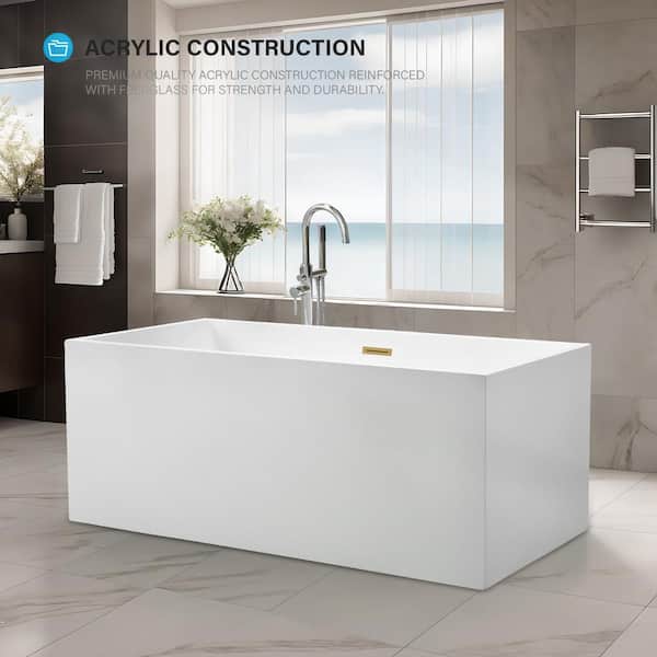 Vanity Art Talence 59 in. Acrylic Flatbottom Freestanding Bathtub in White/Titanium Gold