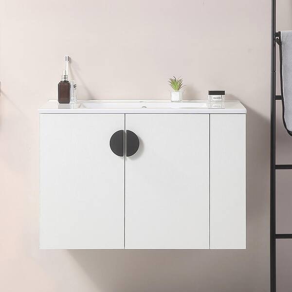 Staykiwi 30 in. W x 18 in. D x 19 in. H Wall Mounted Bath Vanity in White with White Ceramic Sink Top