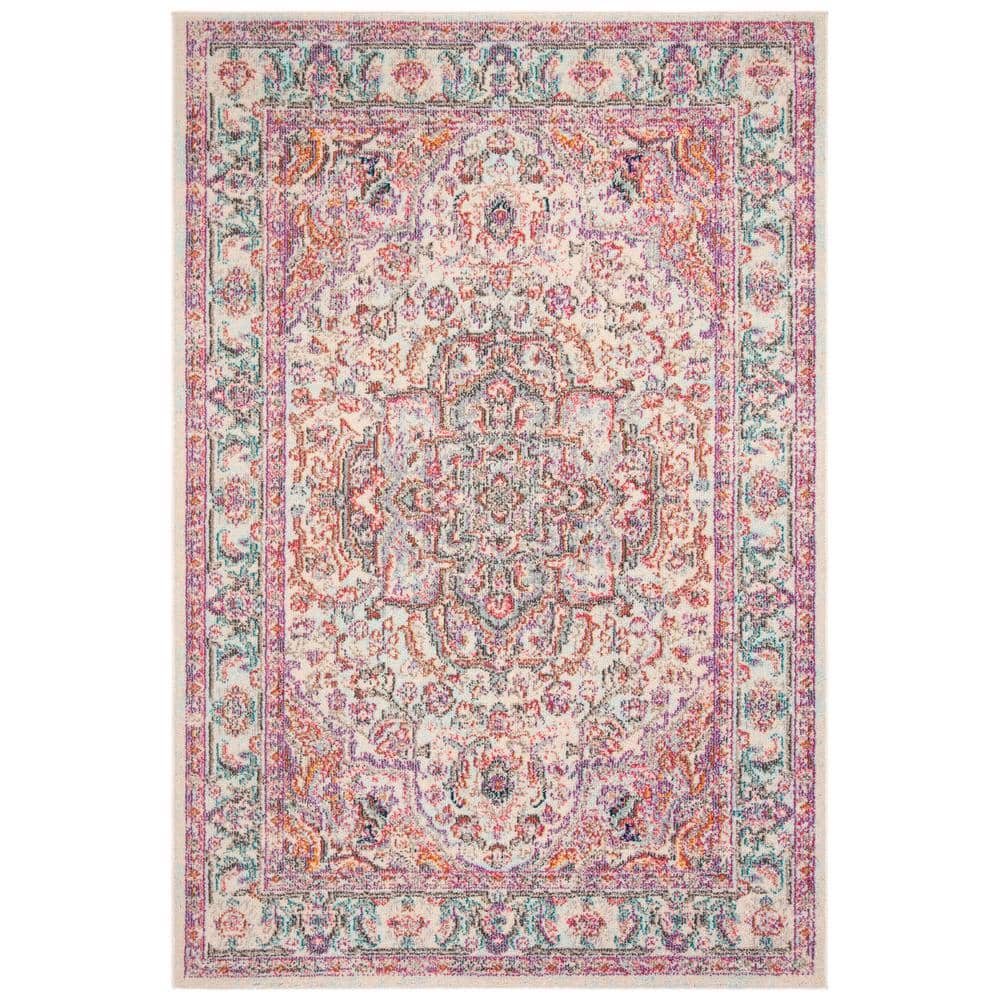 Beige and Fuchsia Geometric Rectangular Area Rug