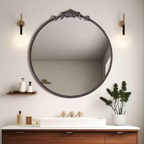 30 in. W x 32 in. H Baroque Carved Round Metal Framed Wall Bathroom Vanity Mirror in Antique Black