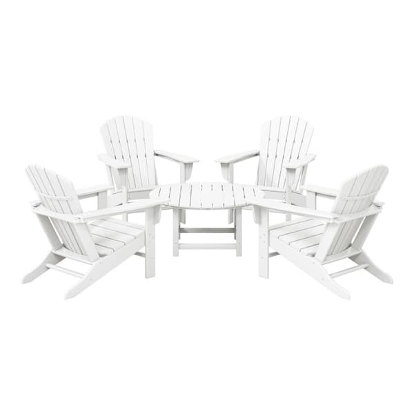 Altura Fade Resistant HDPE Plastic White 5-Piece Adirondack Chair Outdoor Patio Conversation Set, Round Coffee Table