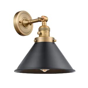 Briarcliff 10 in. 1-Light Brushed Brass Wall Sconce with Matte Black Metal Shade with On/Off Turn Switch