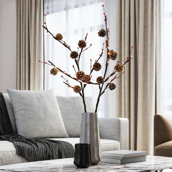 HEMSLY INC 28 in. Pinecone Twig LED Lighted Artificial Branch