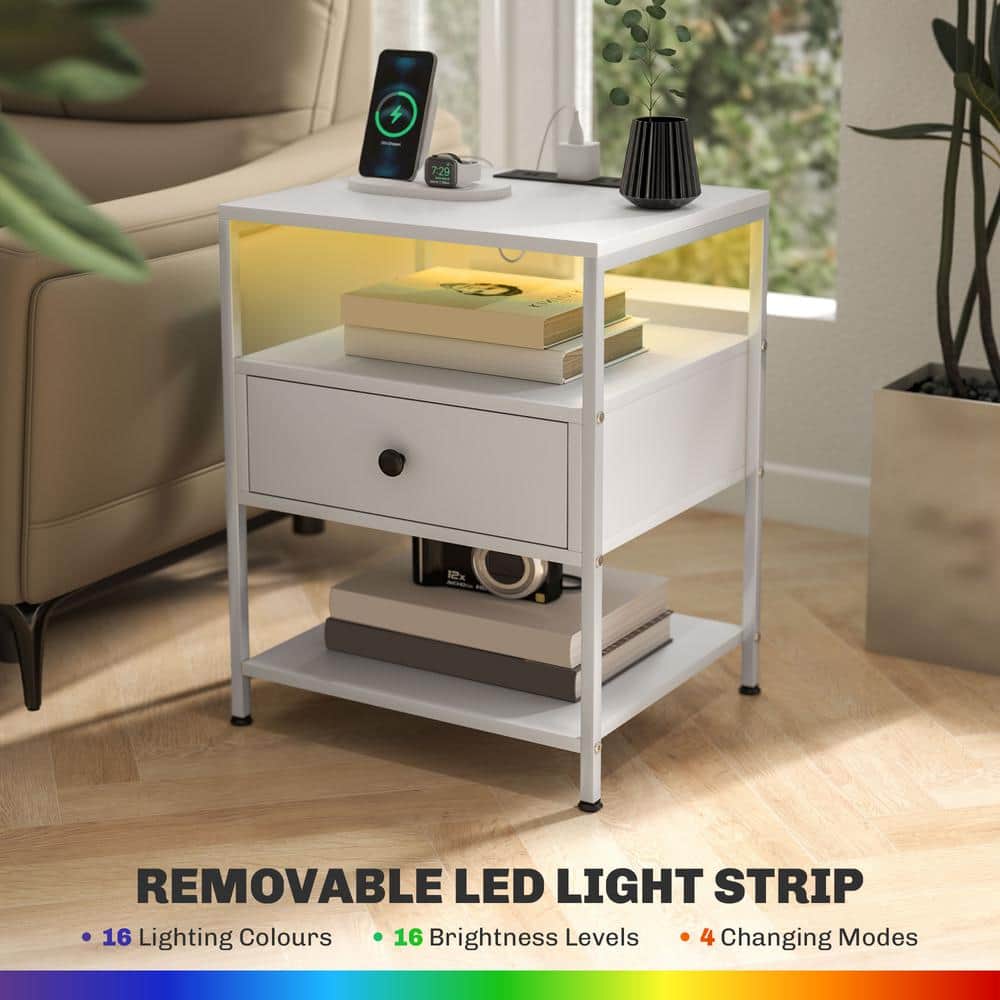 White Particleboard End Tables with Charging Stations and LED Lights