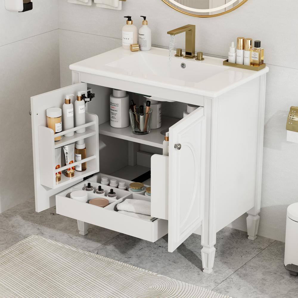 White Rubberwood 30" Bathroom Vanity with Ceramic Sink and Storage