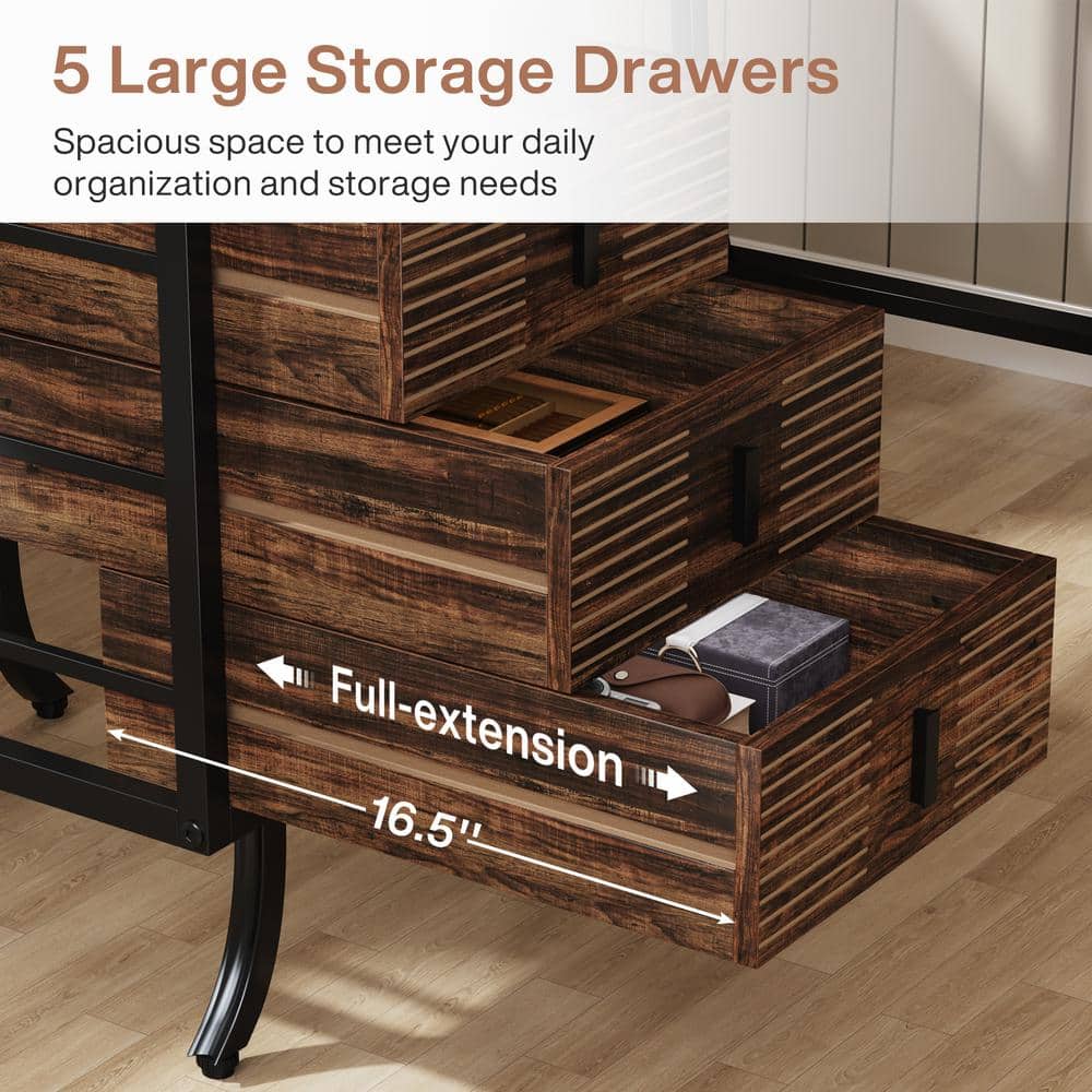Industrial Brown Wood 55" Computer Desk with 5 Drawers