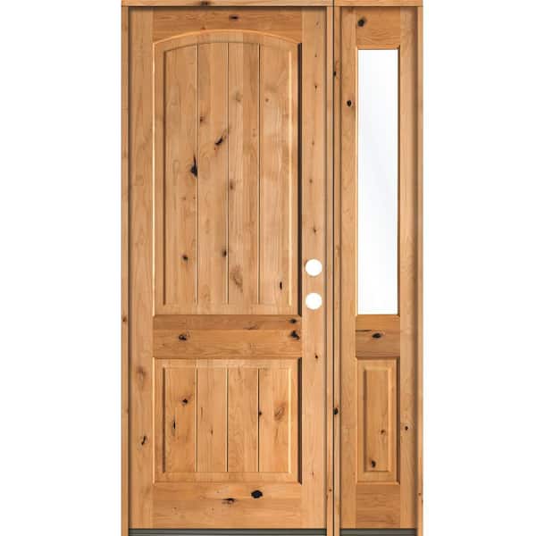 Krosswood Doors 56 in. x 96 in. Rustic knotty alder 2 Panel Left-Hand/Inswing Clear Glass Clear Stain Wood Prehung Front Door with RHSL
