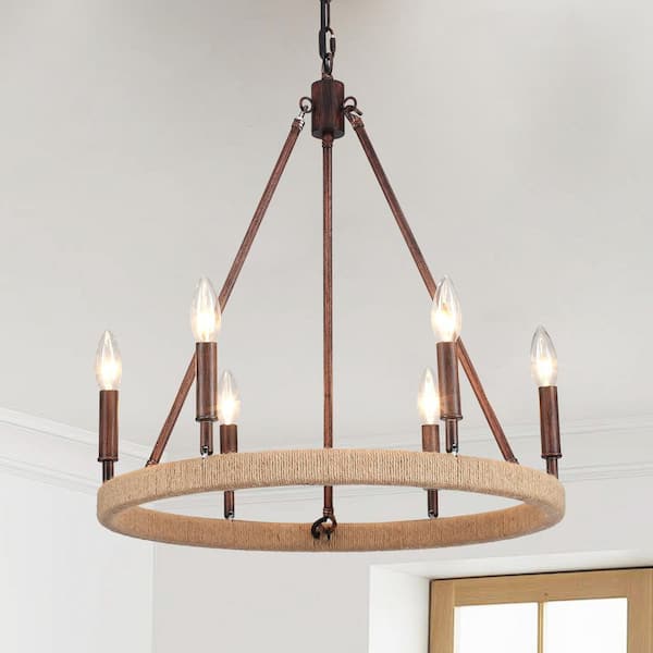 ZJVAIVE 6-Light Red Candle Design Circle Hanging Wagon Wheel Chandelier Island Chandelier Lighting for Kitchen Island