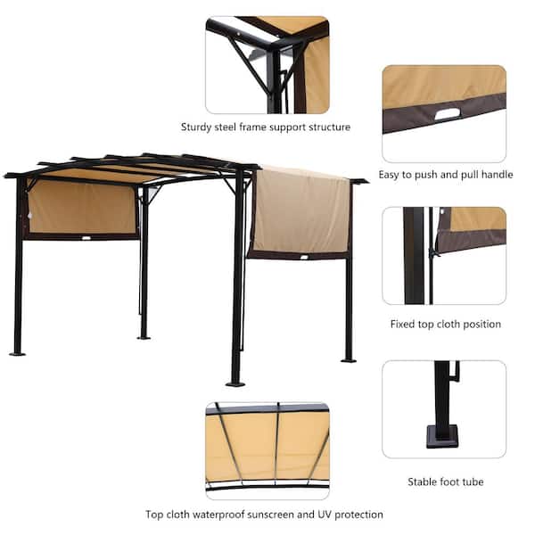 12 ft. x 9 ft. Patio Steel Frame Gazebo Canopy Tent in Beige, Retractable Shade Canopyfor Outdoor