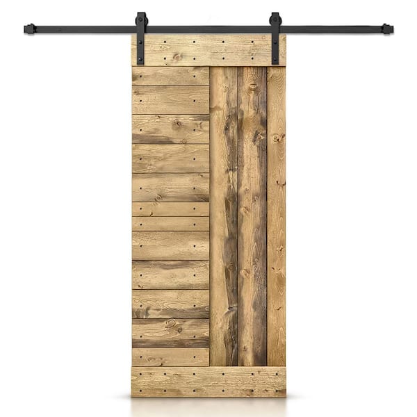 CALHOME 30 in. x 84 in. Weather Oak Stained DIY Knotty Pine Wood Interior Sliding Barn Door with Hardware Kit