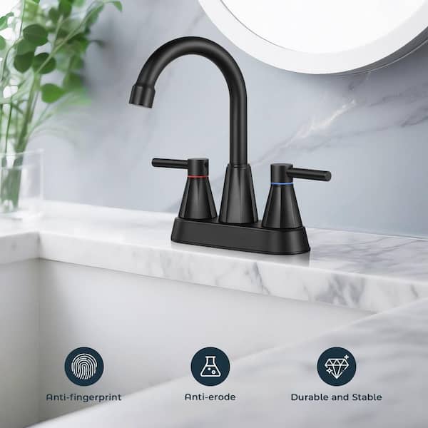 4 in. Centerset Double Handle High Arc Bathroom Faucet with Pop Up Drain Kit Included in Matte Black