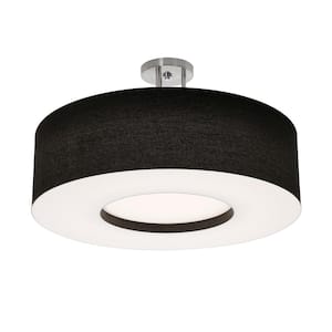 24 in. 3-Light Satin Nickel, Black, White Transitional Semi-Flush Mount With Shade