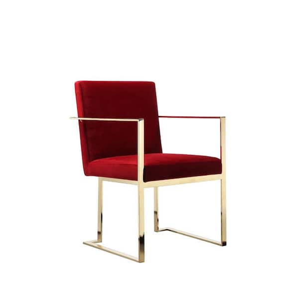 Benjara Red and Gold Velvet Metal Frame Dining Armchair