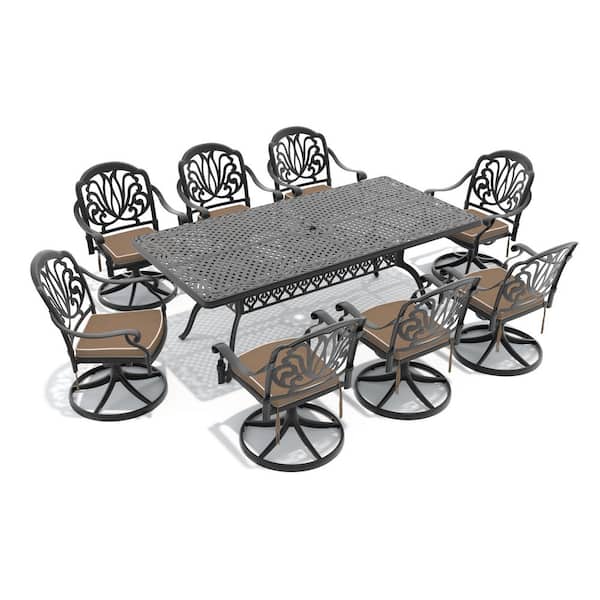 9-Piece Black Cast Aluminum Patio Outdoor Dining Set with Rectangular Table and 8 Swivel Chairs with Brown Cushions