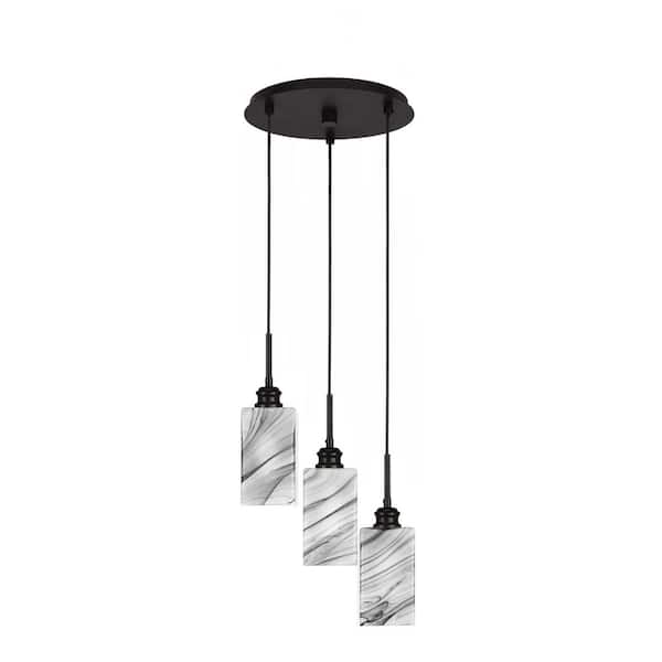 Unbranded Olympia 60-Watt 3-Light Espresso Cluster Pendant Light with 3.5" Square Onyx Swirl Glass Shades, No bulbs included