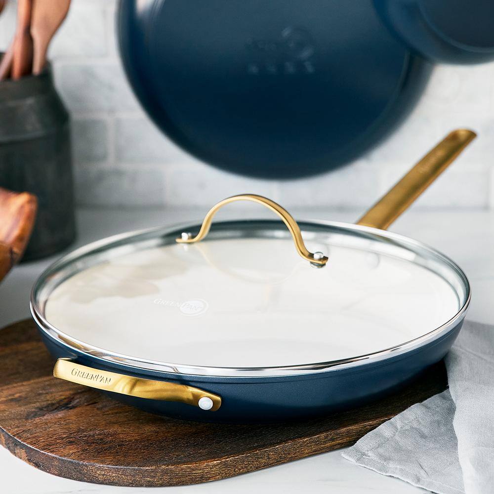 Twilight Blue Ceramic Nonstick 12" Frypan with Gold Handle and Lid