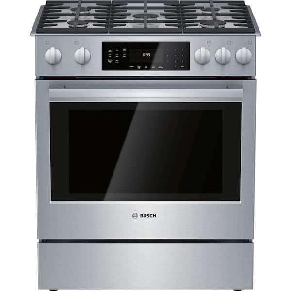 Bosch 800 Series 30 in. 5 Burner Slide-In Gas Range in Stainless Steel with 4.8 cu. Ft. True Convection and Self-Cleaning Oven