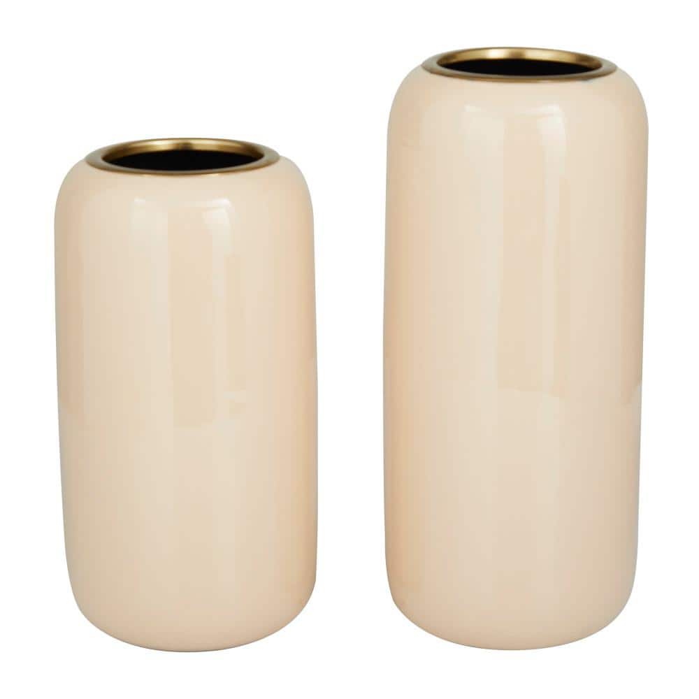 Cream and Gold Metal Round Vase Set, 13" and 11"