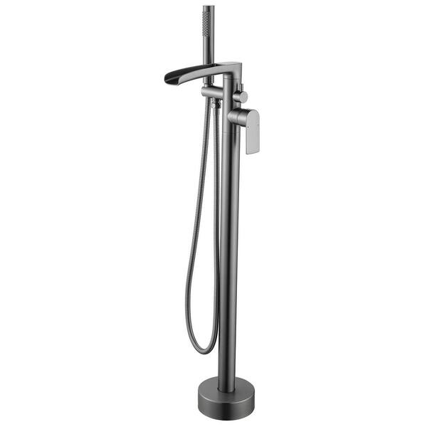 Brass 2-Handle Freestanding Tub Faucet with Hand Shower and Waterfall Tub Filler Spout in Gray