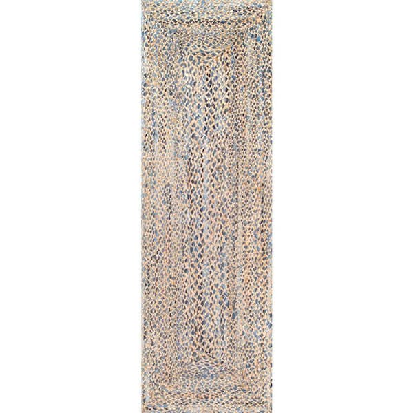 nuLOOM Eliz Striped Farmhouse Jute Blue 3 ft. x 8 ft. Runner Rug