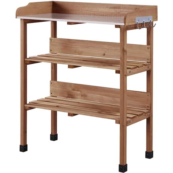 Yaheetech 35.5 in. H Outdoor Potting Bench Table with Storage Shelf Fir Garden Wooden Potting Station