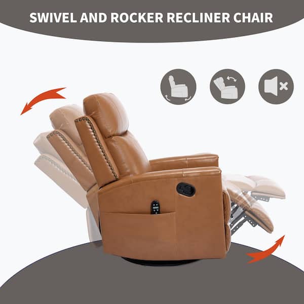 Orange Genuine Leather Recliner Chair with 360° Swivel Rocker 8-Point Massage Lumbar Heat and Manual Handle Recline
