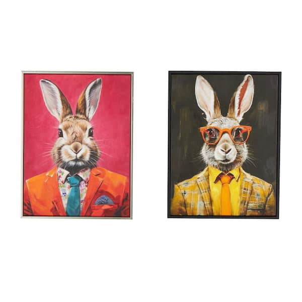 Litton Lane 2-Panel Rabbit Business Framed Wall Art with Glasses and Handkerchief 17 in. x 13 in.