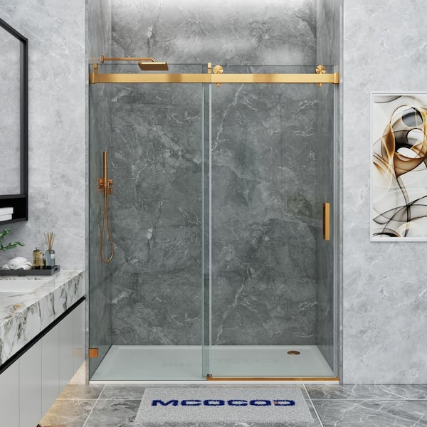 MCOCOD 70-76.5 in. W x 76 in. H Single Sliding Frameless Soft Close Shower Door in Brushed Gold with 3/8 in. Clear Glass