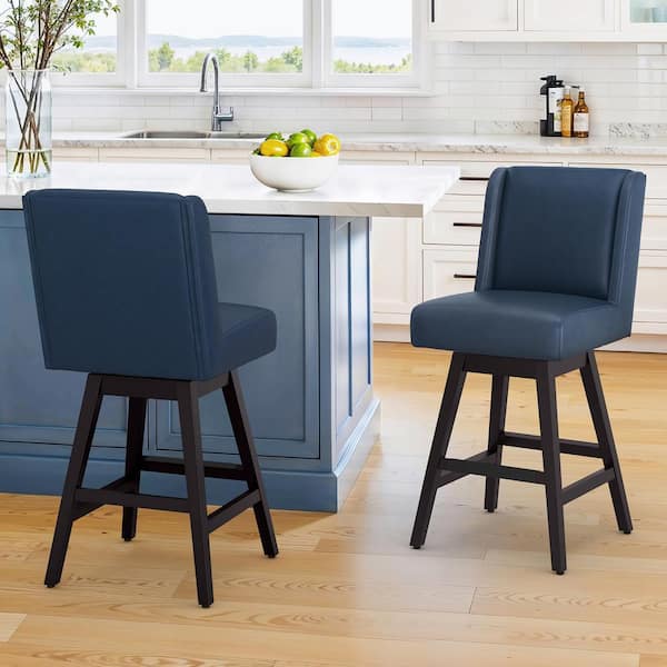 LUE BONA Joyce 26 in. Modern Dark Blue Faux Leather Upholstered Swivel Bar Stool with Solid Wood Leg Counter Stool (Set of 2)