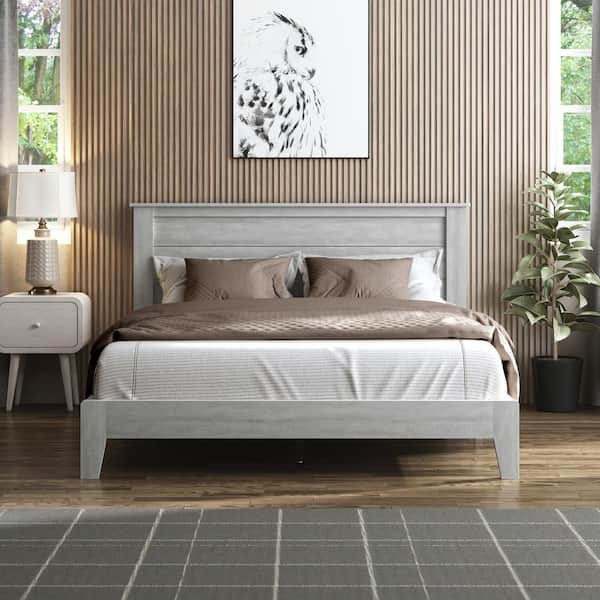 GALANO Tiena Lencia Dusty Gray Oak Wood Queen Platform Bed with Headboard