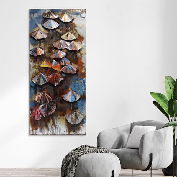 80 in. x 36 in. "Umbrellas" Mixed Media Iron Hand Painted Dimensional Wall Art