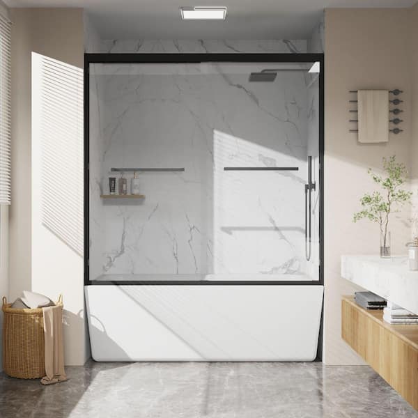 56 in. - 60 in. W x 58 in. H Double Sliding Tub Door with SGCC Clear Tempered Glass in Matte Black