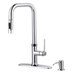 Brass Single Handle Pull Down Sprayer Kitchen Faucet with Soap Dispenser in Polished Chrome