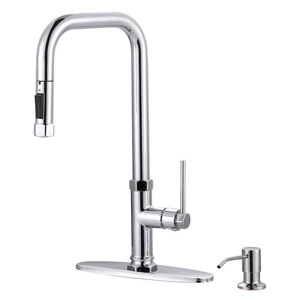 WOWOW Brass Single Handle Pull Down Sprayer Kitchen Faucet with Soap Dispenser in Polished Chrome