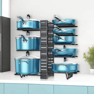 8-Tier 16.5 in. H Black Standing Pot Rack with 3 DIY Methods for Cabinet, Adjustable Organizer for Pots, Pans and Lids