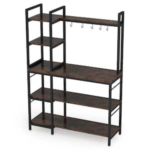 Bachel Rustic Brown 5-Tier Kitchen Bakers Racks with Hooks and Hutch, Balcony Plant Stand, Office Display Organization.
