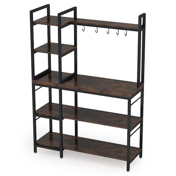 TRIBESIGNS WAY TO ORIGIN Bachel Rustic Brown 5-Tier Kitchen Bakers Racks with Hooks and Hutch, Balcony Plant Stand, Office Display Organization.