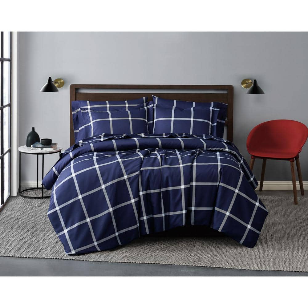 Navy and White Windowpane Microfiber Duvet Cover Set