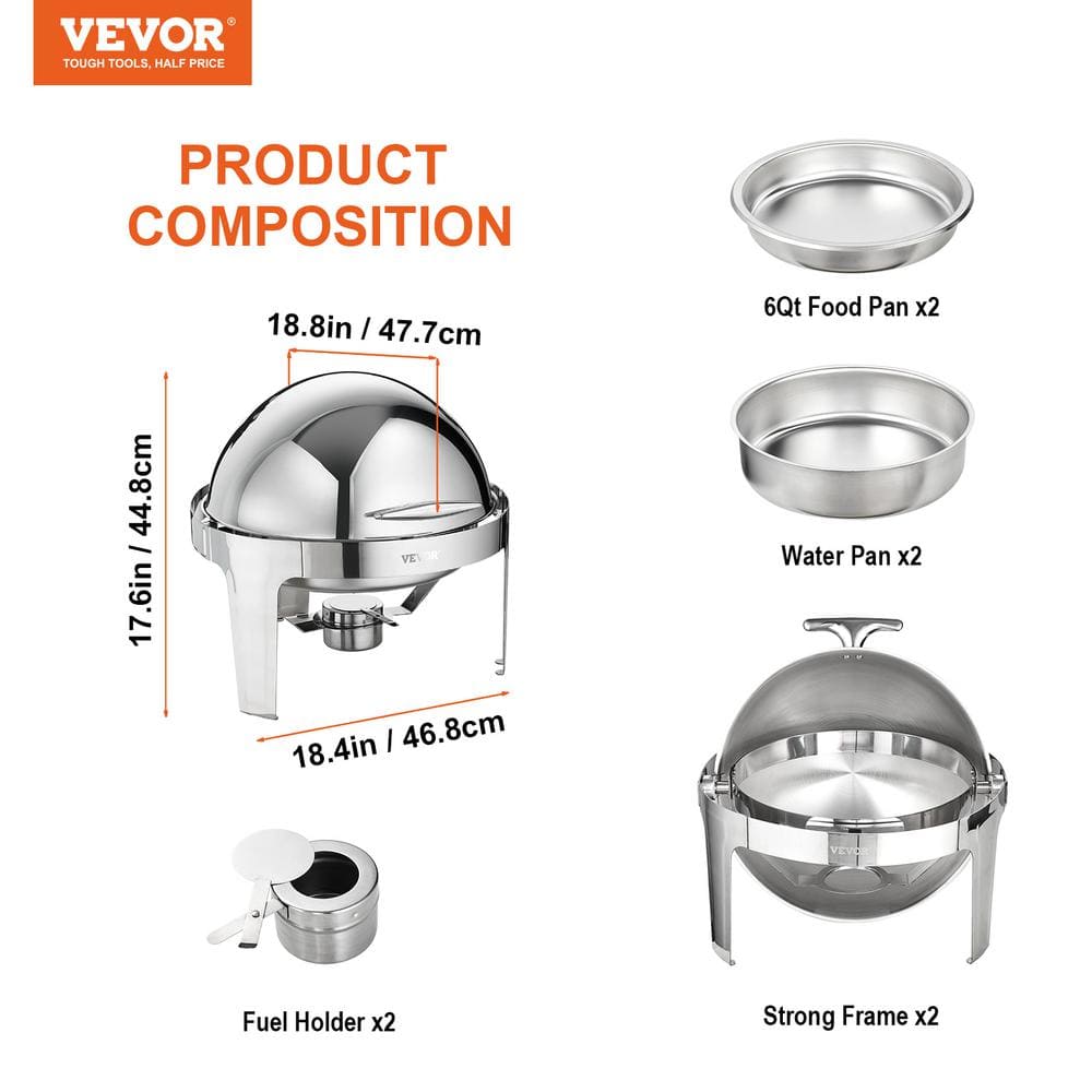 Stainless Steel Round Buffet Chafing Dish Set, 6 Qt, 2 Pack