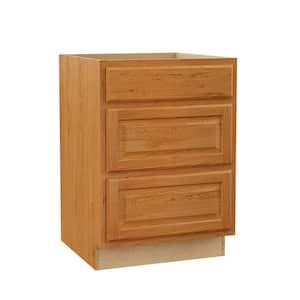 Hampton 24 in. W x 24 in. D x 34.5 in. H Assembled 3-Drawer Base Kitchen Cabinet in Medium Oak