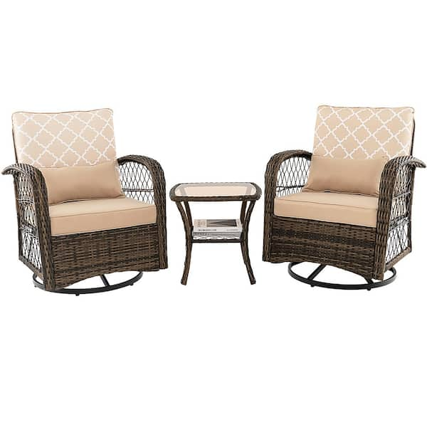 Costway 3-Piece Wicker Patio Conversation Set Swivel Rocker Set-2 Rocking Chairs 360° with Coffee Table