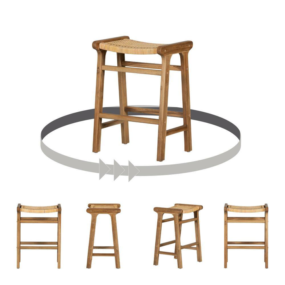 Natural Teak and Rattan Counter Height Bar Stools, Set of 2