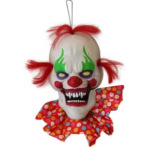 20 in. Hanging Talking Clown Head, Halloween Decoration for Indoor or Covered Outdoor Display, Battery-Operated, Red