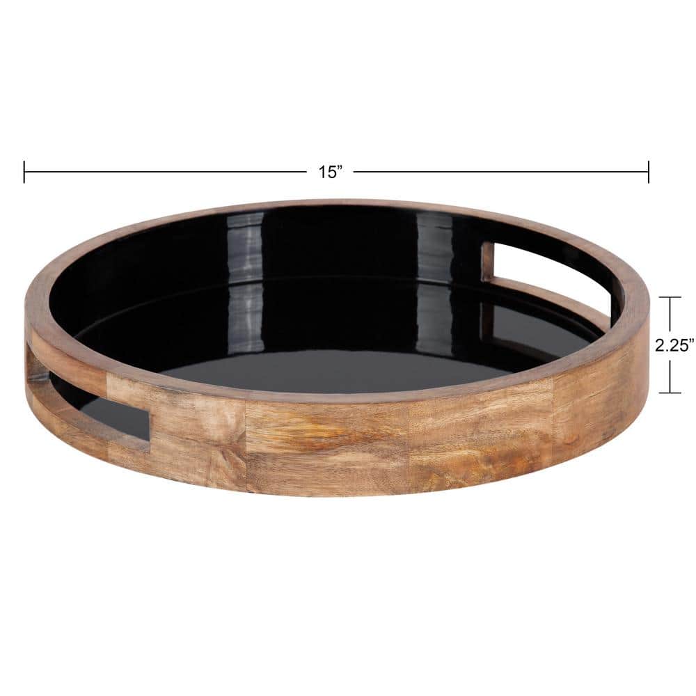 Natural and Black Round Mango Wood Tray with Handles