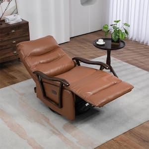 Coffee Extra Wide Breathable Leather Swivel Rocker Recliner Power Glider Chair with Solid Wood Armrests